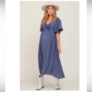 NWT PinkBlush Maternity Navy Front Tie Ruffle Sleeve Midi Dress